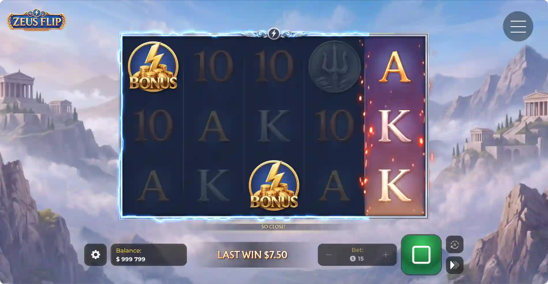 Zeus Flip bonus feature symbols on the reels